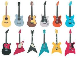 Flat guitars. Electric rock guitar, acoustic jazz and metal strings music instruments flat vector illustration set