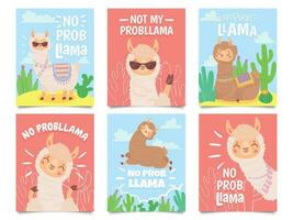 No problema llama carteles linda llamas tener No problemas saludo tarjetas, hermosa fauna silvestre animales vector conjunto