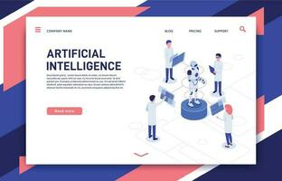 Artificial intelligence development. Cyborg manufacturing, robotics future and bionic robot 3d isometric vector illustration