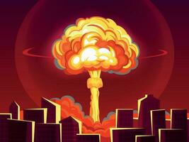 Nuclear explosion in city. Atomic bombing, bomb explosion fiery mushroom cloud and war destruction cartoon vector illustration