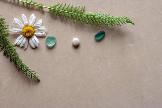 Flat view. Two branches in the shape of a Christmas tree and between them a daisy and green glass with white pebbles. Background brown ceramic tile. There is a place for text. photo
