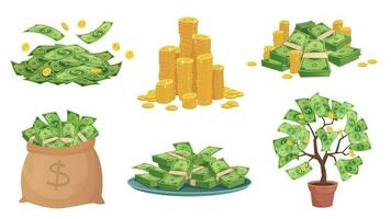 Cartoon cash. Green dollar banknotes pile, rich gold coins and pay. Cash bag, tray with stacks of bills and money tree vector illustration set