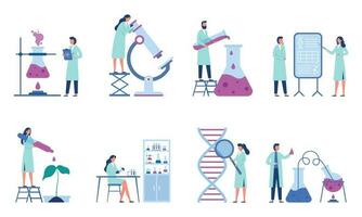 Working scientists. Professional lab research, chemistry laboratory workers and science researchers flat vector illustration set