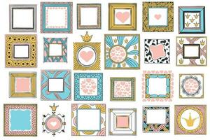 Hand drawn cute princess frames. Vintage color sketch frame, pink mirror border and doodle frames vector set