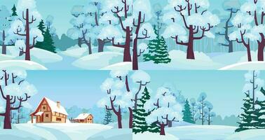Cartoon winter forest landscapes. Village in woods with snow caps on houses, snowed field and winter trees vector illustration set