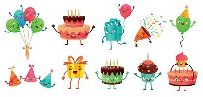 Cartoon birthday celebration set. Party balloons with funny faces, happy birthday cake and gifts mascot vector illustration set