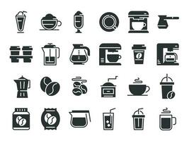 Coffee silhouette icons. Hot drink cup, coffee machine and beans vector pictograms set