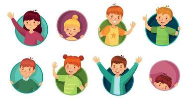 Kid in round frame. Children look out of circle hole, kids in window holes and child peeking out of windows vector illustration set