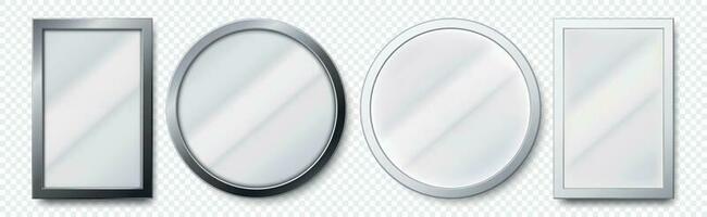 Realistic mirrors. Metal round and rectangular mirror frame, white mirrors template 3D vector set