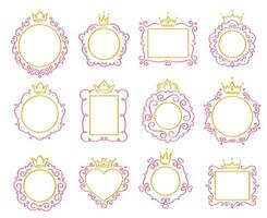 Princess frame. Cute crown border, royal mirror frames and majestic prince doodle borders isolated vector set