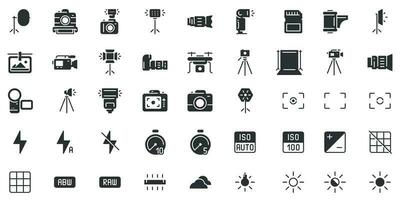 Photo camera silhouette icon. Photography cameras shutter speed, aperture and digital camera exposure black stencil icons vector set