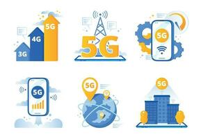 Mobile 5G network. City fast internet hotspot, wireless telecommunications and fifth generation networks vector illustration set