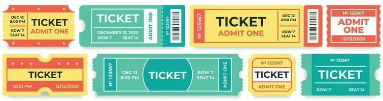 Admit one tickets. Circus entries coupon, retro cinema ticket and movie entrance coupons vector set