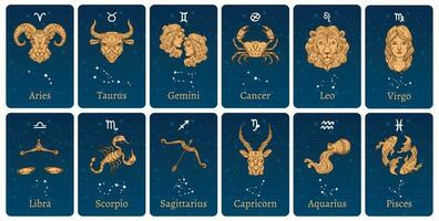 zodíaco constelaciones y señales. horóscopo tarjetas con constelación estrellas, decorativo zodíaco bosquejo símbolos vector ilustración conjunto