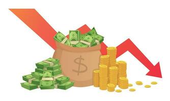 Bad finance graph. Loss of financial savings, inflation schedule and money loss. Bankruptcy vector illustration