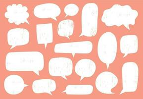 Textured speech bubble. Comic communication frame with stamp texture, hipster discussion balloon and hand drawn doodle chat bubble frames vector set. Empty text clouds isolated on pink background