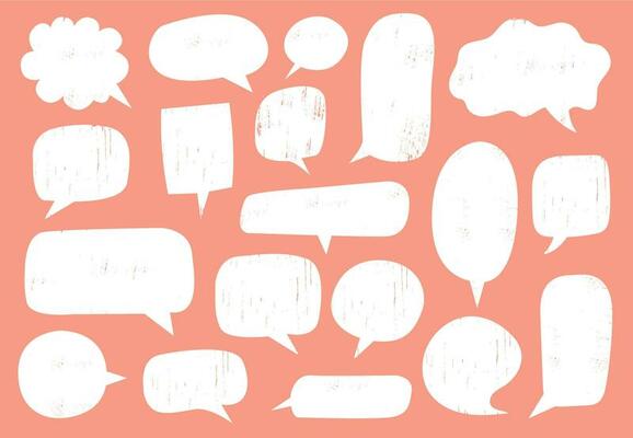 Textured speech bubble. Comic communication frame with stamp texture, hipster discussion balloon and hand drawn doodle chat bubble frames vector set. Empty text clouds isolated on pink background