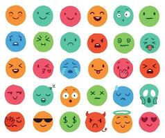 Hand drawn color emoji. Colorful doodle faces, happy emoticon and smiling round face vector set. Cute social media stickers for different emotions expression. Various funny badges collection
