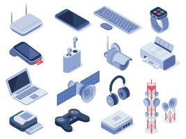 Isometric wireless devices. Computer connect gadgets, wireless connection remote controller and router device 3d vector set