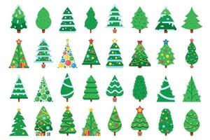 Christmas trees. Decorated New Year tree, green spruce and gift box under xmas tree flat vector illustration set