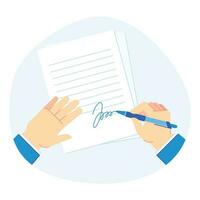 Signing document. Pen in businessman hand, clipboard folder with business documents and signed paper vector illustration