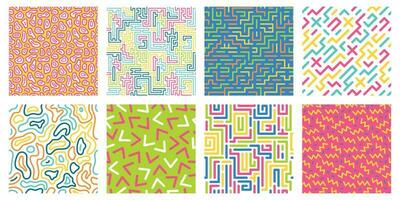 Color seamless geometric pattern. Colorful maze pattern, memphis style texture and 80s fashion design patterns vector set