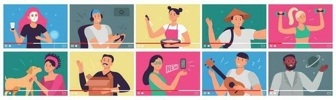 Video tutorial. Bloggers, content creators and vloggers influencers videos in player interface. People shoot video tutorials for internet flat vector illustration set