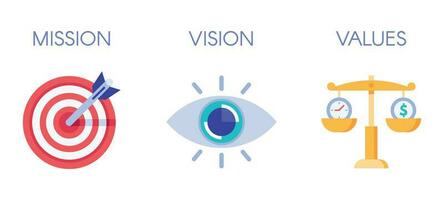 Mission, vision and values. Business strategy icons, company value and success rules flat vector illustration