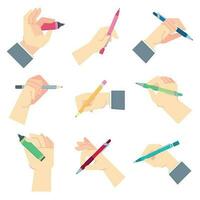 Writing accessories in hands. Pen in businessman hand, write on paper sheet or notepad and hands gestures vector illustration set