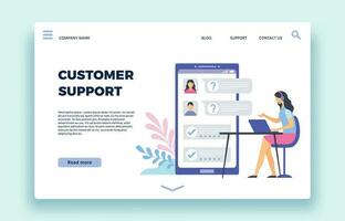 Customer support. Personal assistant, technical support operator help clients in chat on smartphone screen landing page vector illustration