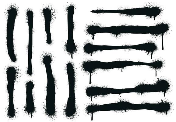 Spray painted lines with paint drips. Graffiti paint, splatter drawing strokes and dirty street art vector illustration set