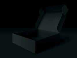 Black packaging box. Empty open dark package template, cube pack and box mockup vector illustration