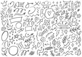 Decorative doodles. Hand drawn pointing arrow, outline shapes and doodle frames vector illustration set