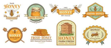 Honey badge. Natural bee farm product label, organic beekeeping pollen and bees hive emblem badges vector illustration set