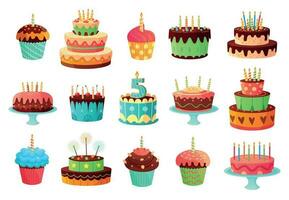 Cartoon birthday party cakes. Sweet baked cake, colourful cupcakes and celebration cakes vector illustration set