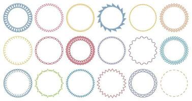 Sewing circle frames. Embroidered borders, stitched round frame and sew seams border pattern vector illustration set