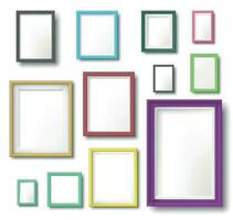 Realistic color photo frame. Rectangular picture frame hanging wall with realistic shadow, square borders and modern simple frames template vector set