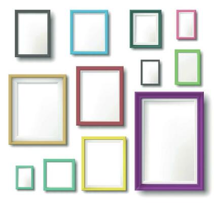 Realistic color photo frame. Rectangular picture frame hanging wall with realistic shadow, square borders and modern simple frames template vector set