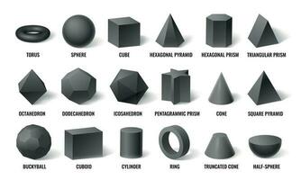 realista 3d básico formas esfera forma con sombra, cubo geometría y prisma modelo en perspectiva concepto vector ilustración conjunto