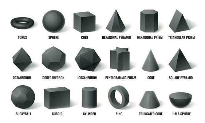 Basic 3d shapes top view. Realistic pyramid shape, geometric polygon figures  and hexagon symbol concept vector illustration set 24791347 Vector Art at  Vecteezy