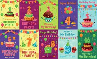 Cartoon anniversary greeting card. Birthday numbers, celebration invitation and party cake number candles poster vector set