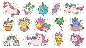 Cute hand drawn patches. Magic fairytale pony unicorn, fabulous cat and sweet candy stickers cartoon vector illustration set