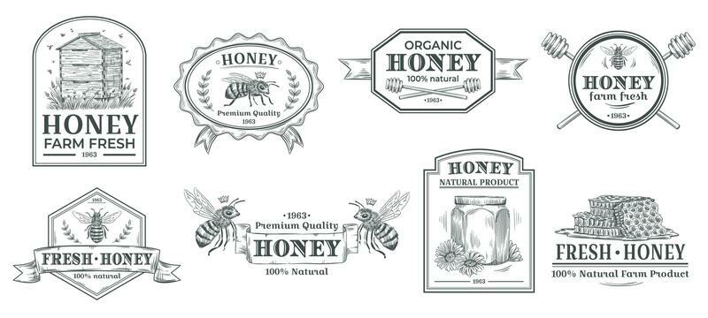 Natural honey badge. Bees farm label, vintage honey product hand drawn badges and bee emblem vector illustration set