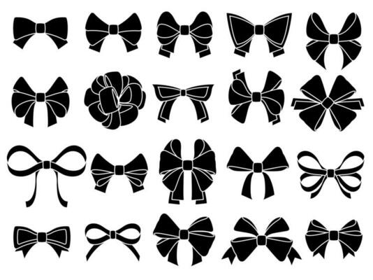 Decorative bow silhouette. Gift wrapping favor ribbon, black jubilee bows stencil vector icons set