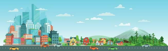 Urban road with cars landscape. City road traffic, big city buildings, suburban houses and wild nature landscape vector illustration