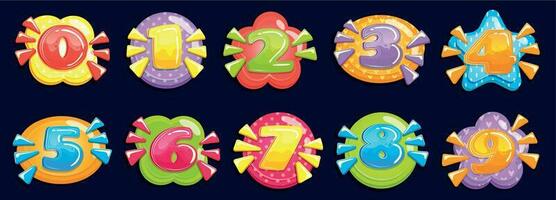 dibujos animados números. gracioso gordito número, niño cumpleaños tarjeta de colores años y número en vistoso marco vector ilustración conjunto