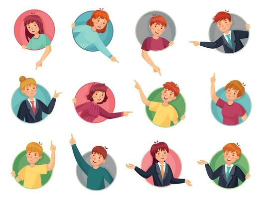 People pointing out window holes. Look out of round hole, successful professional business man indicates cartoon vector illustration