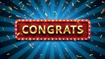 Congrats banner. Winner congratulations, gold confetti and golden congratulation sign in frame vector illustration