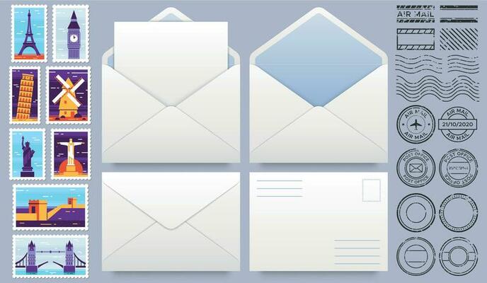 Mail envelope with post stamps. Postage stamp, stamps frames and realistic mail envelopes mockup template vector set. Open and closed paper envelopes, postal seals and postmarks with landmarks