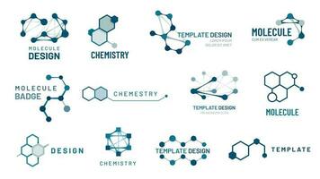 Hexagonal molecule badge. Molecular structure logo, molecular grids and chemistry hexagon molecules templates vector set